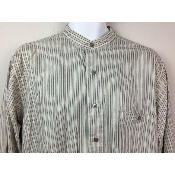 Van Heusen Mens Beige Striped Button-Front Shirt Size 16.5 32/33 - Picture 1 of 8
